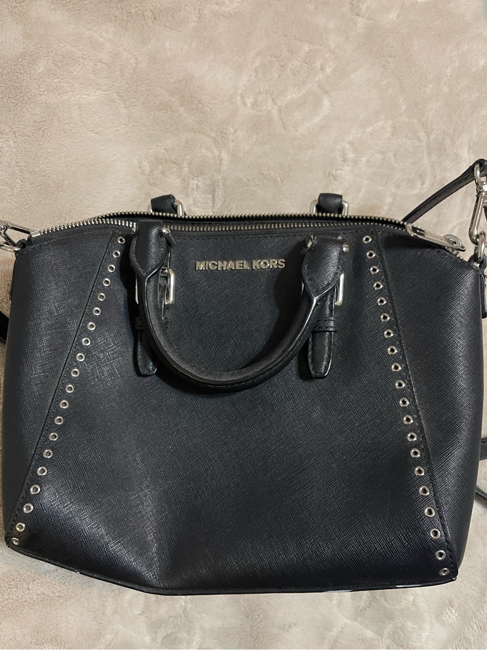 Michael Kors Black Saffiano Leather Satchel with Silver-Tone Grommet Trim